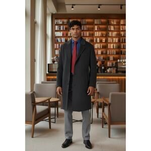 London Fog Men’s Gray Long Overcoat 38R Lined Wool Blend Luxury Coat